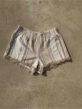 Boho Linen Blend Striped Fringe Shorts Beach Coastal Cottagecore‎ Women M
